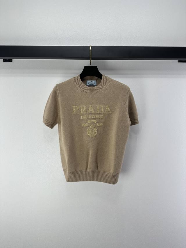 prad* New Arrival Details Autumn/Winter New Logo Gold Thread Knitted Short-Sleev