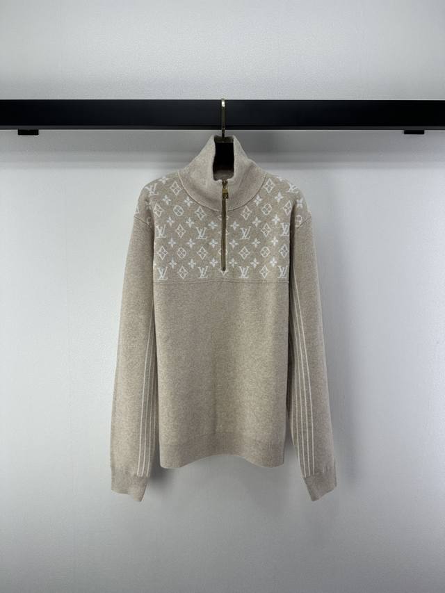 1:1 Lv*New Arrival Details Autumn/Winter New Knitted Lapel Half Zipper Jacquard