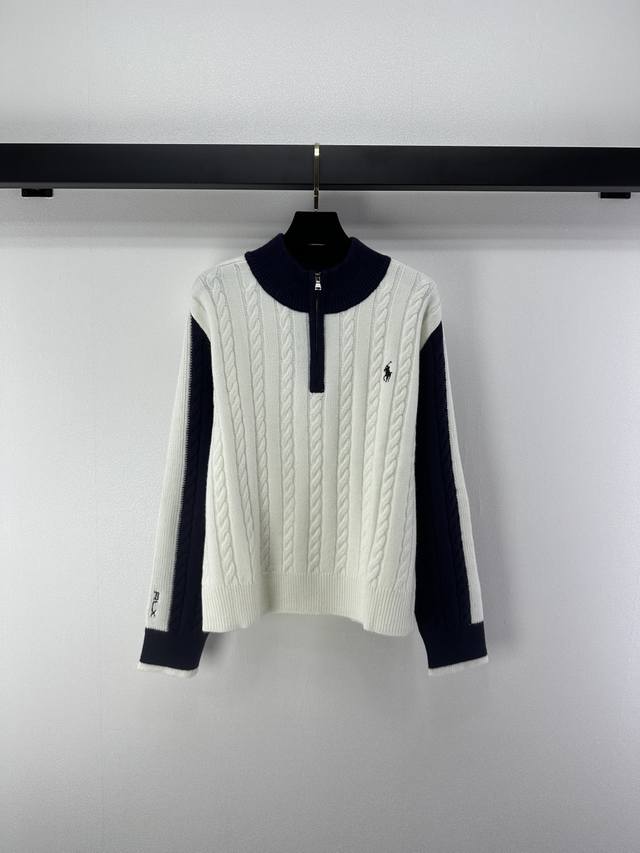 Rl* New Arrival Details Autumn New Style Half-Zip Color Block Long Sleeve Embroi