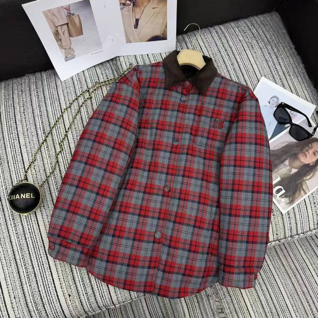 Highly Recommend Miumi* 2025 Autumn/Winter New Red Plaid Shirt-Style Down Jacke