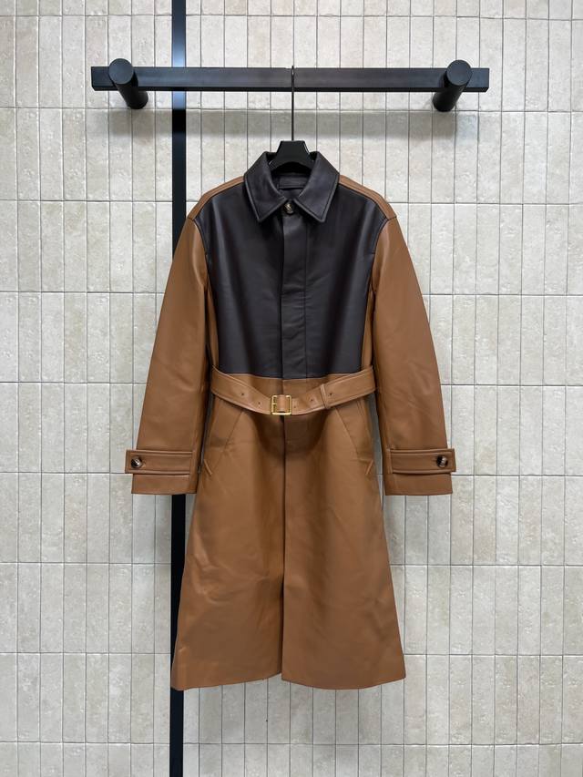 Lw's 2025 Autumn/Winter New Leather Patchwork Trench Coat: Black and brown color