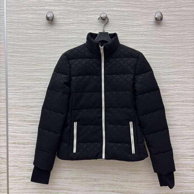 Chanel Black Stand Collar Down Jacket with All-over Subtle Double C Print, Unde