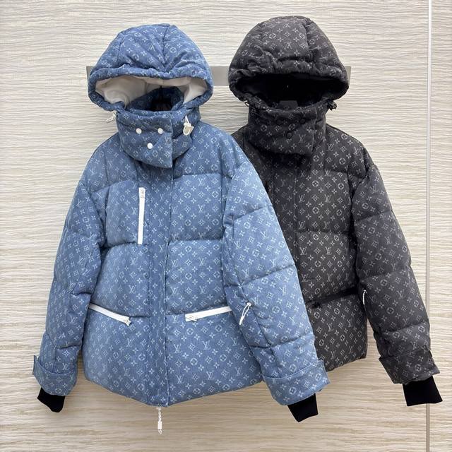 L's monogram print all-over down jacket, fluffy fit, undeniably warm~ Black tone