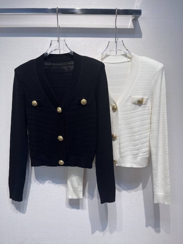 2025 Autumn/Winter New Gold Buckle Jacquard V-Neck Wool Cardigan Coat Size: S-L