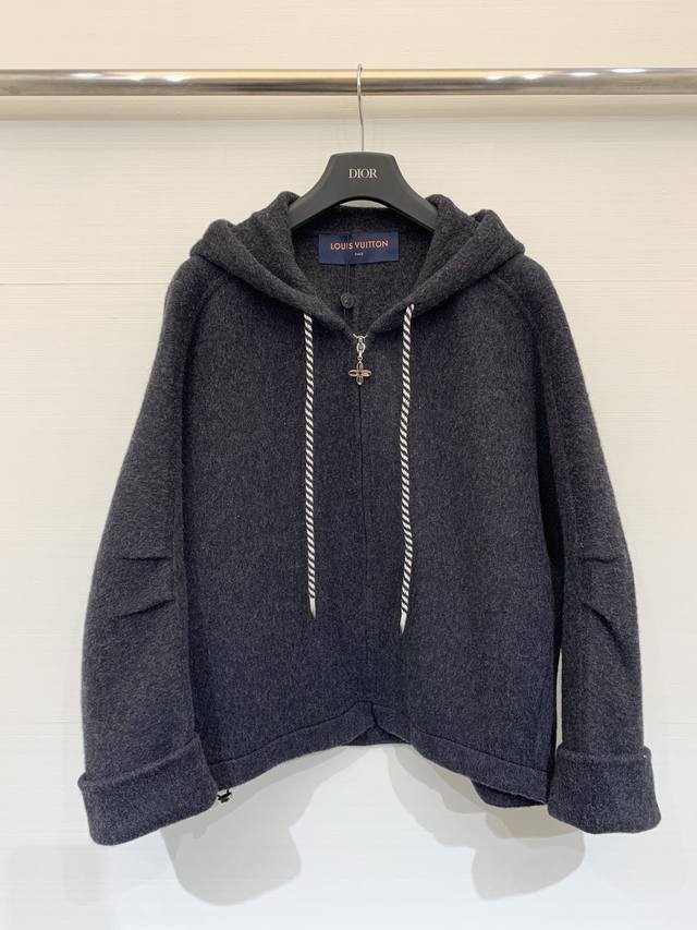 Louisvui*Ton 2025 Autumn/Winter New Charcoal Grey Double-Sided Cashmere Hooded J