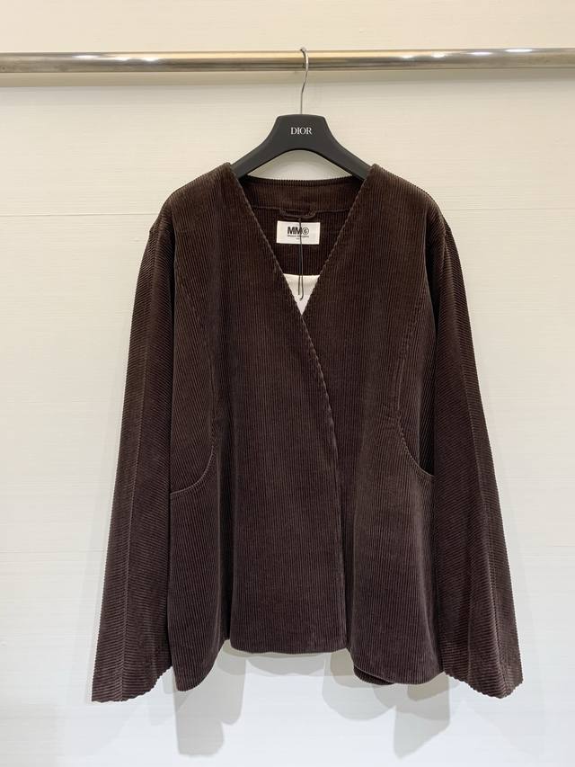 Mm6 2025 Autumn/Winter New Dark Brown Corduroy V-Neck Wrap-Style Cotton Jacket.