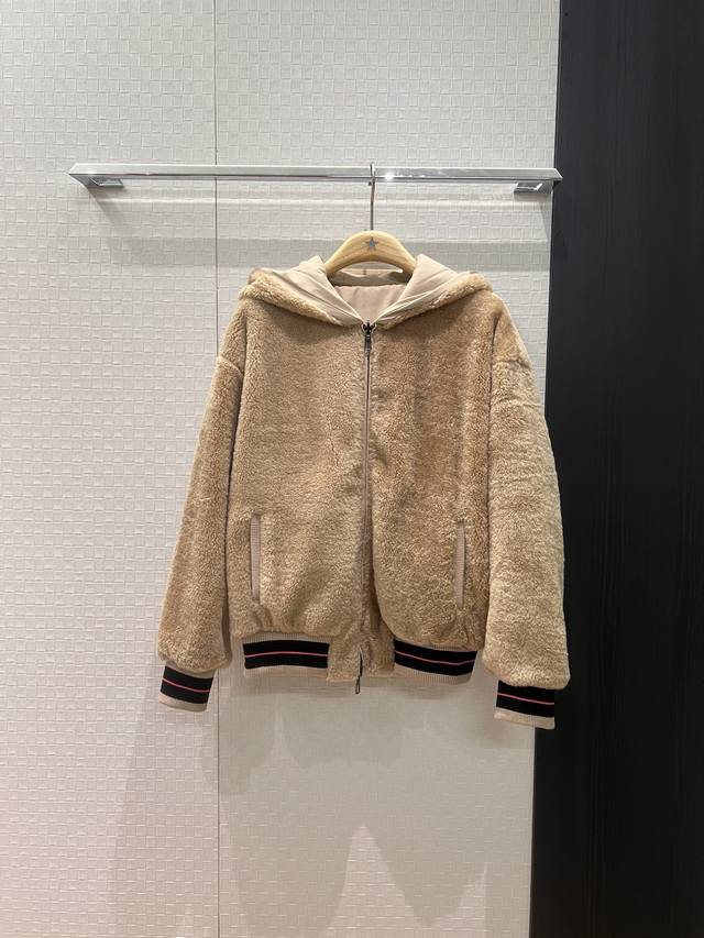 New Lp Teddy Bear Fur Reversible Hooded Jacket with Ribbed Cuffs, Slim Waist, Lo