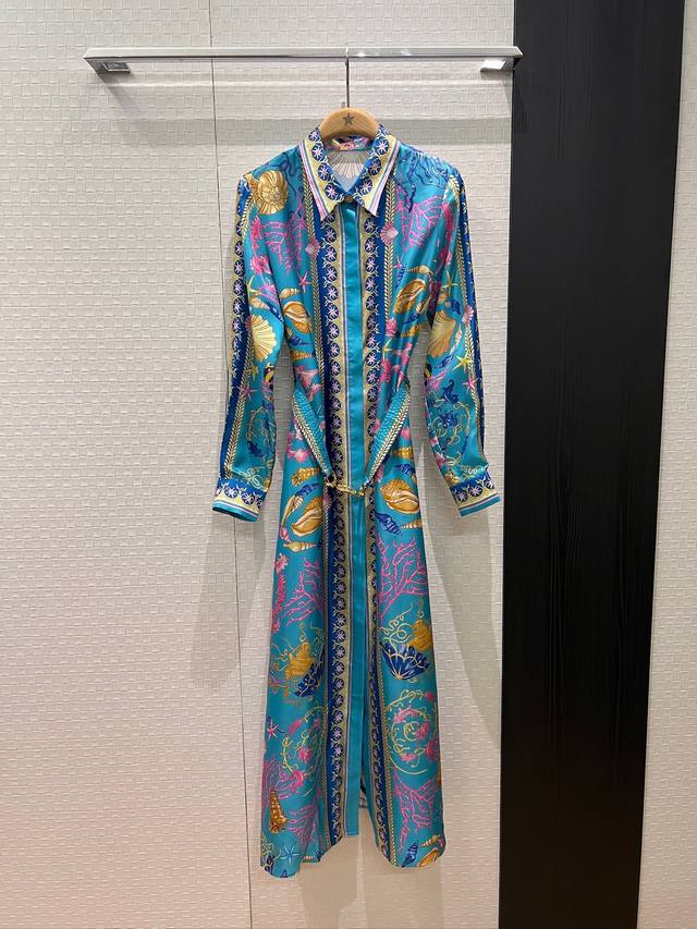 New Versace Starfish and Shell Print Blue Silk Twill Long Dress, Heavyweight Sil