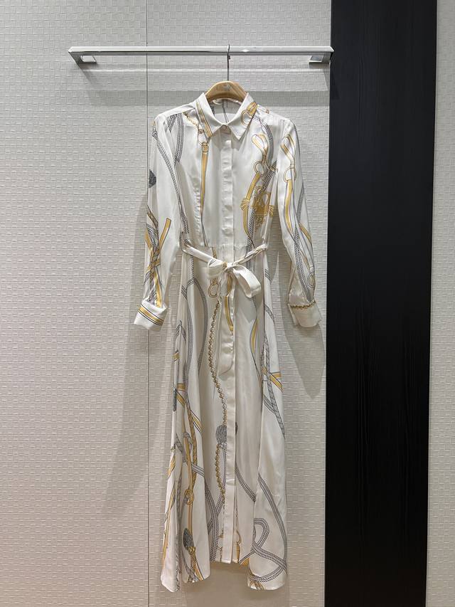 New Positioning Print Silk Twill Long Dress Heavyweight Silk Shirt Dress with Be