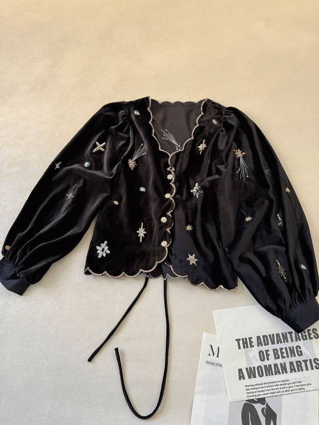 Exquisite Femininity... Beaded, back-tied, waist-cinching velvet top with an ove