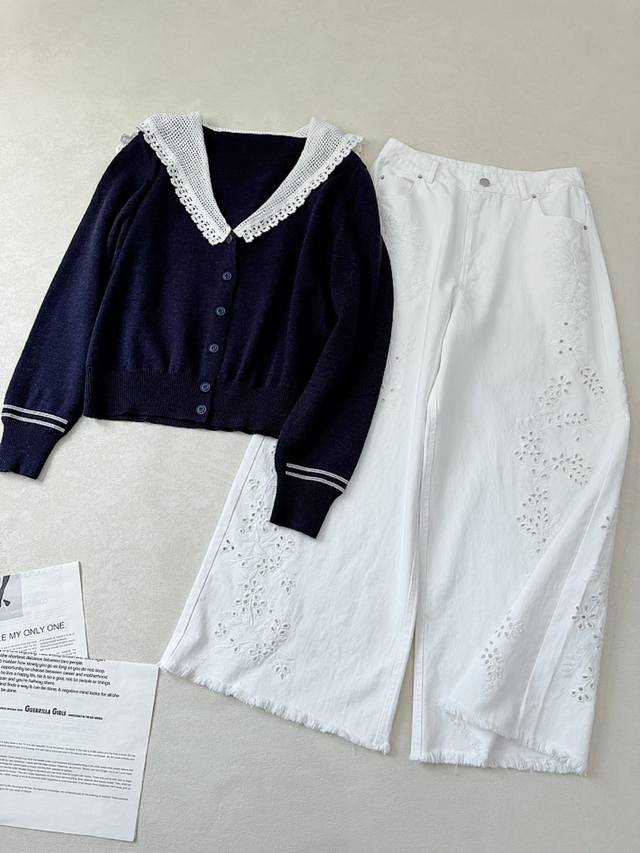 Navy Style Crochet Logo Lapel and Shoulder-Patch Design Knit Cardigan The navy