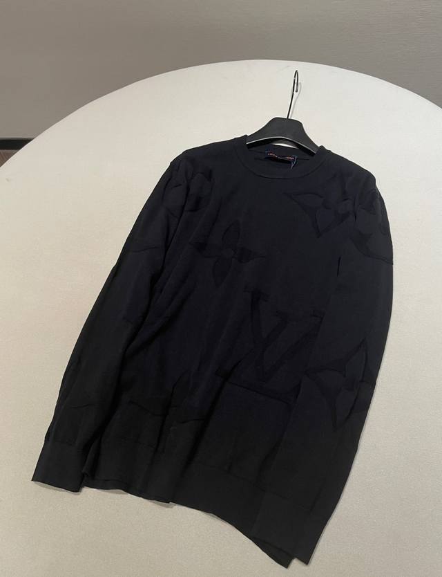 Sizes: Xs SML New Monogram Embossed Jacquard Black Cotton Crew Neck Knit Sweate