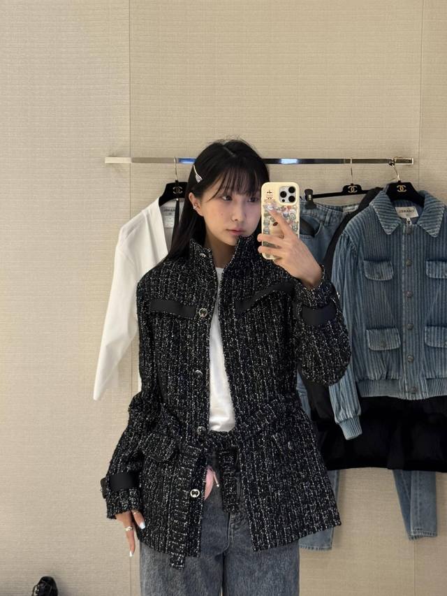 Cha*El 25K High-End Handcrafted Collection Black Stand Collar Belted Tweed Jacke