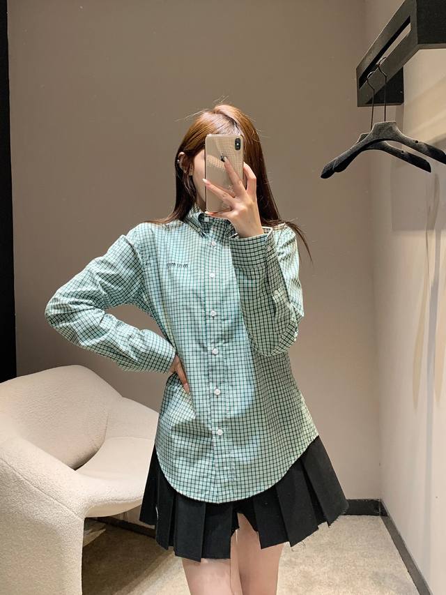 Miumi* 25Fw Early Autumn New Retro Plaid Long-Sleeve Shirt with Micro-Imprint Em