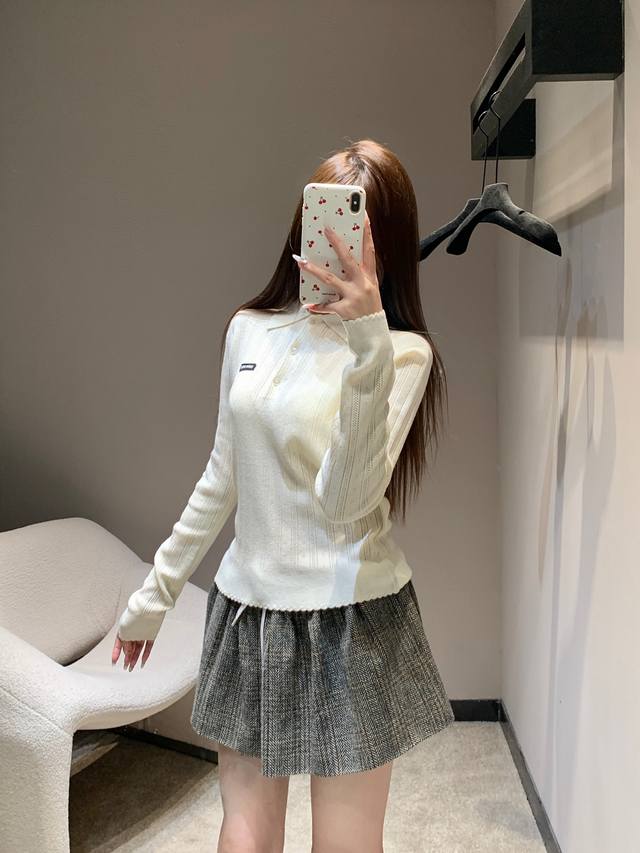 Mium*U 25Fw Autumn/Winter New College Style Cashmere Polo Collar Knit Sweater wi