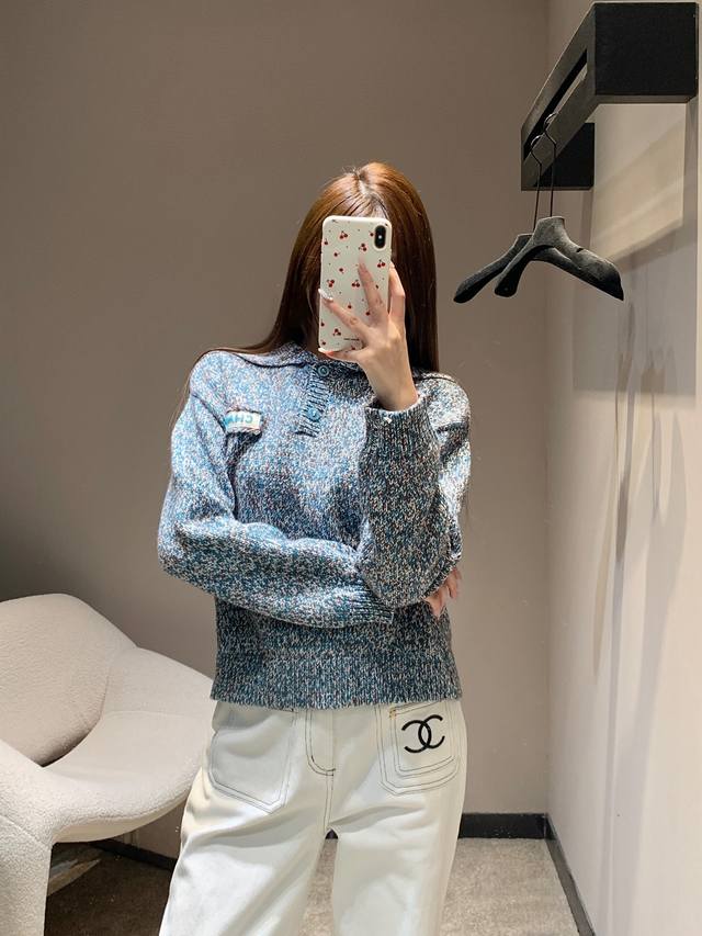 Chan*L 25K High-End Handcrafted Collection Beaded Logo Sailor Collar Knit Sweate