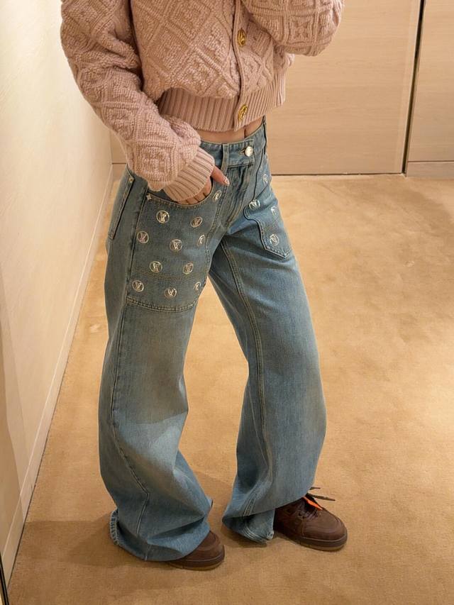 Louis Vui*Ton 25Ski Ski Collection Silver Sequined Wide-Leg Denim Pants | Exclus