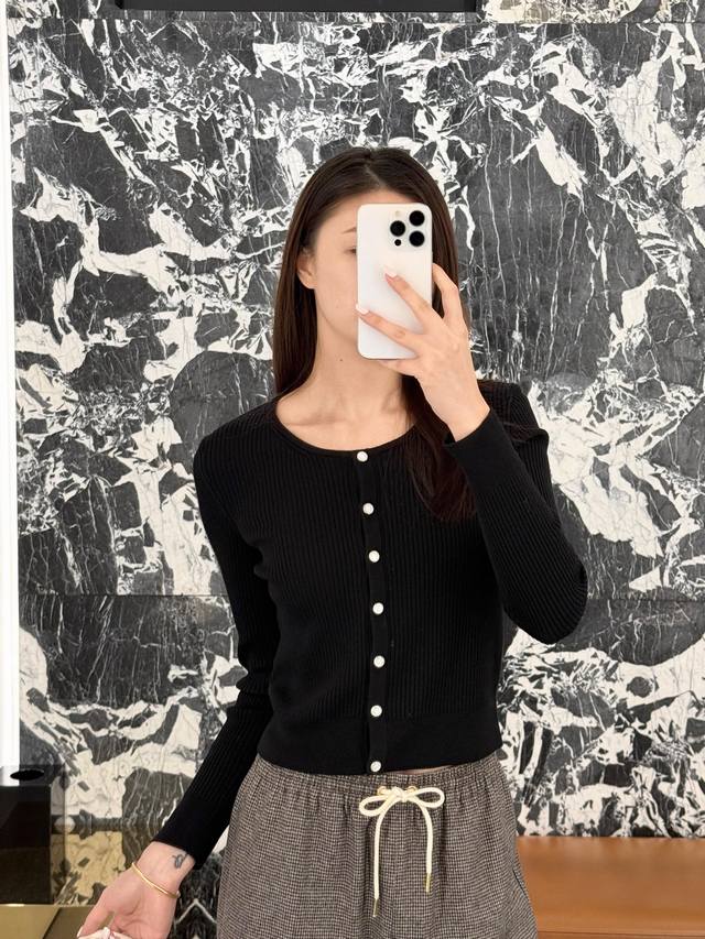 Celin* 25Fw Autumn/Winter New Black Slim Fit Wool Knit Crew Neck Cardigan | Excl