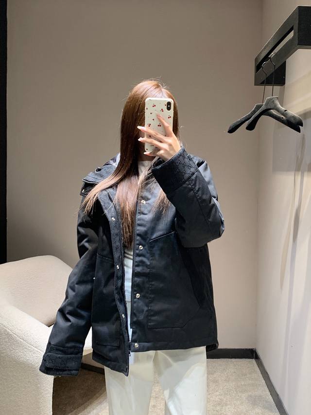 Gucc* 25Fw Autumn/Winter New Style Dark Pattern Double G Hooded Cotton Jacket |