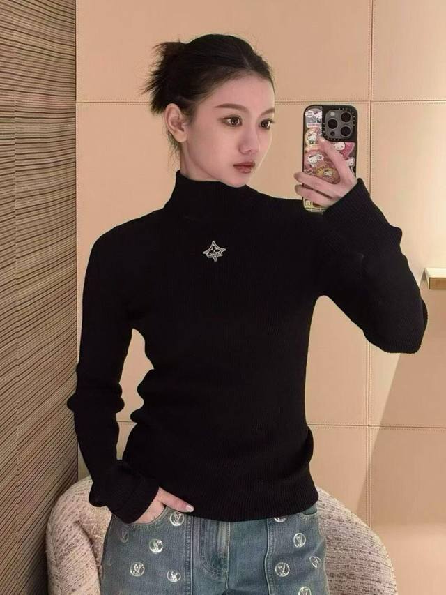 Louis Vuitto* 25Fw Autumn/Winter New Signature Embroidered Black Turtleneck Knit