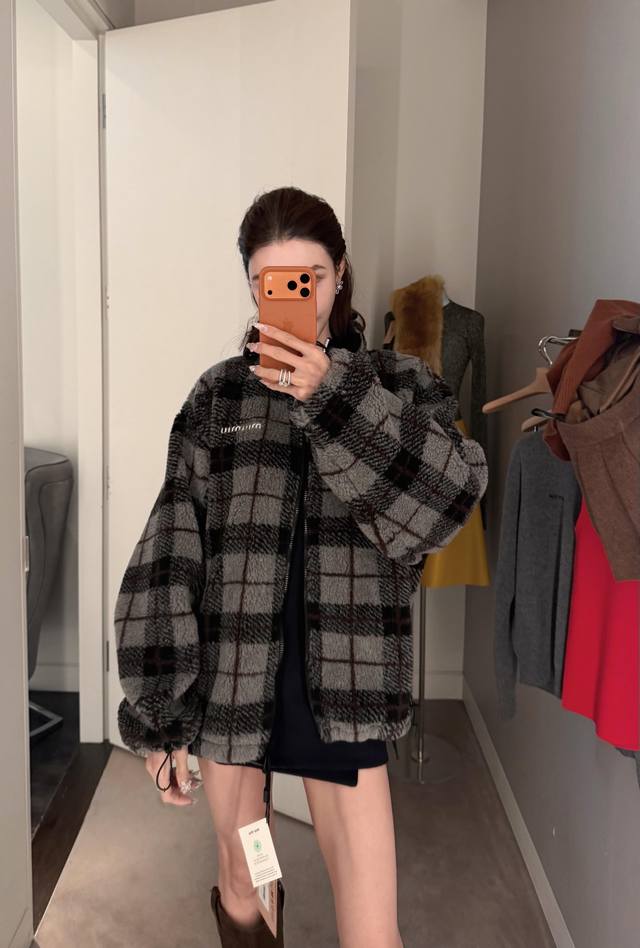 Miumi* 25Fw Autumn/Winter New Preppy Style Fleece Plaid Coat | Exclusive Yb Deve