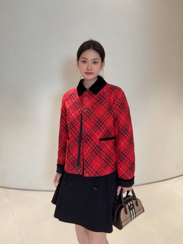 Burb*Rry 25Fw Autumn/Winter New Heroic Floral Red Plaid Quilted Cotton Jacket |