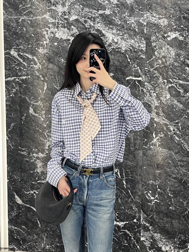Celin* 25Fw Early Autumn New Arrival Preppy Blue and White Checkered Shirt | Exc