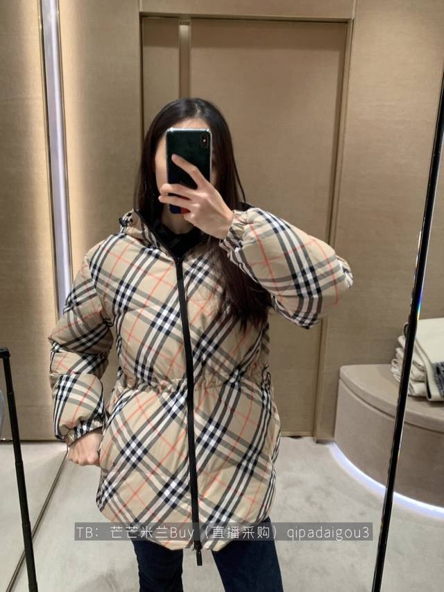 Burb*Rry 25Fw Autumn/Winter New Vintage Plaid Waist-cinching Reversible Down Jac