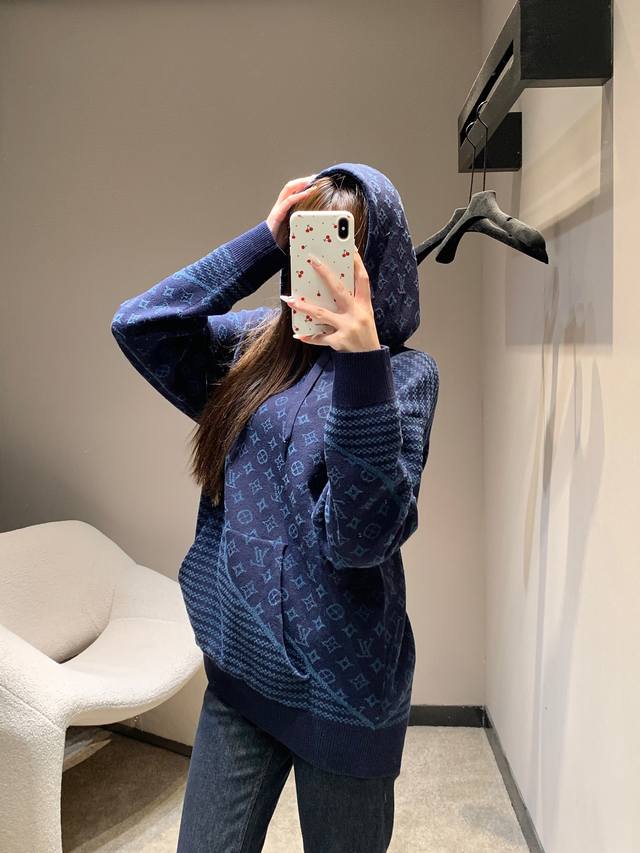 Louis Vuit*On 25Fw Autumn/Winter New Navy Blue Jacquard Knit Hoodie | Exclusive
