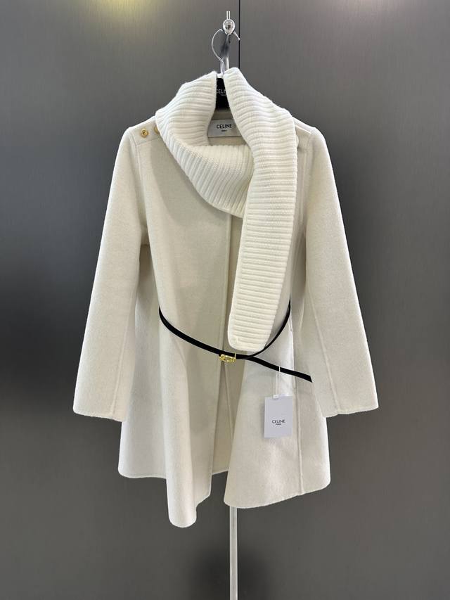 Celin Autumn/Winter New Wool Coat with Detachable Knitted Scarf and Belt. The wa
