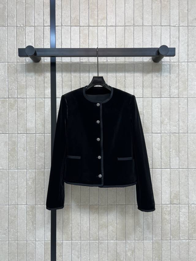 D Brand 2025 Autumn/Winter New Black Velvet Short Jacket, Crew Neck, Padded Shou