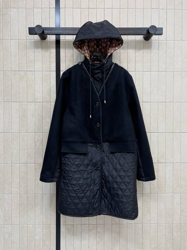 L's 2025 Autumn/Winter New Wool Patchwork Quilted Hooded Coat. Detachable hood,