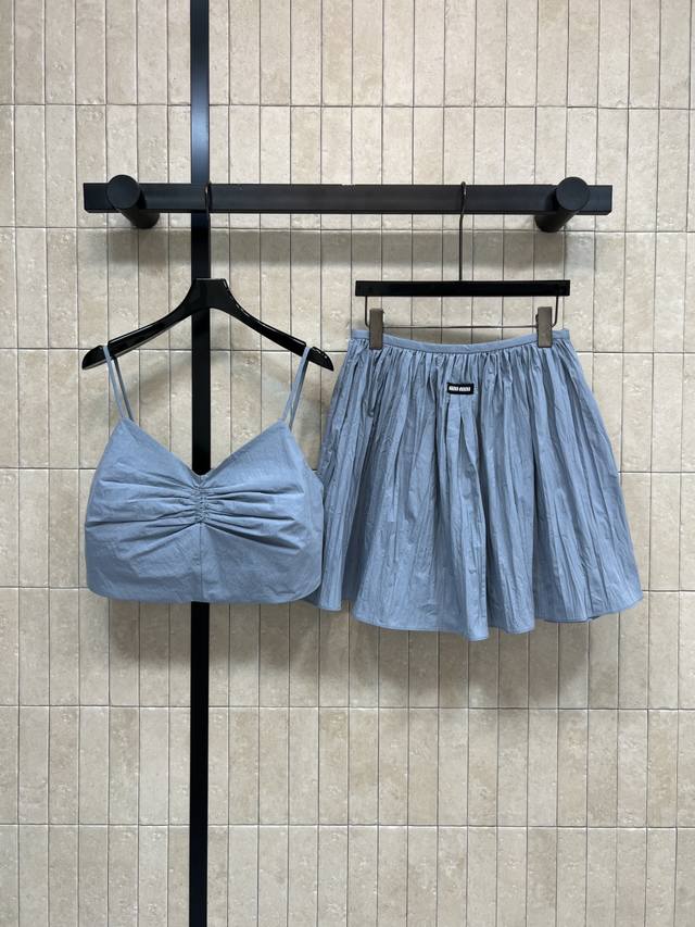 Miu's 2025 Autumn/Winter New Light Blue Camisole Dress Set. Made with custom-mad