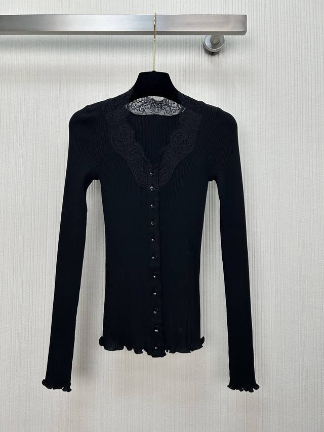 New arrival! YSL black lace-trimmed knit top. Stretch fabric + delicate lace tr