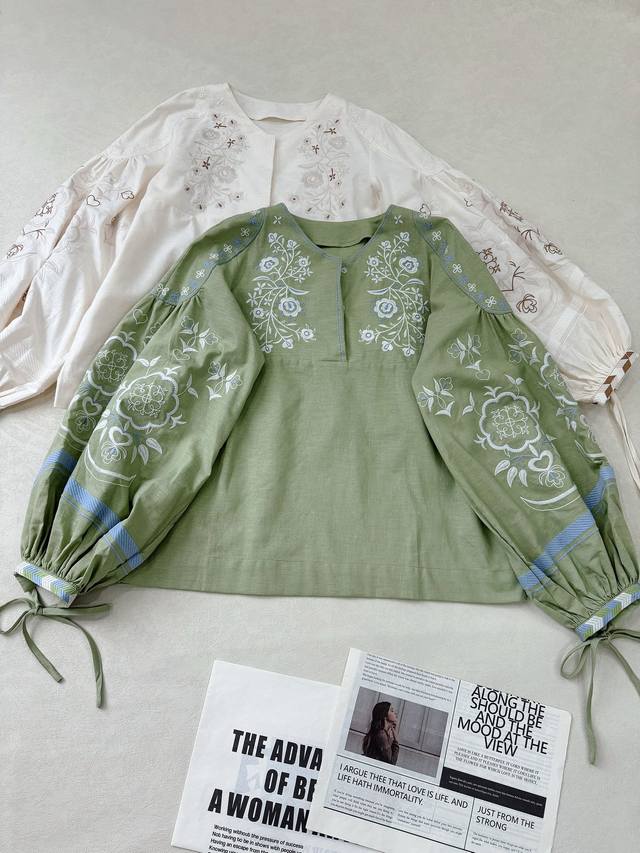 Ukrainian Etnodi... Fresh Embroidered Floral Lantern Sleeve Long-Sleeve Shirt Th