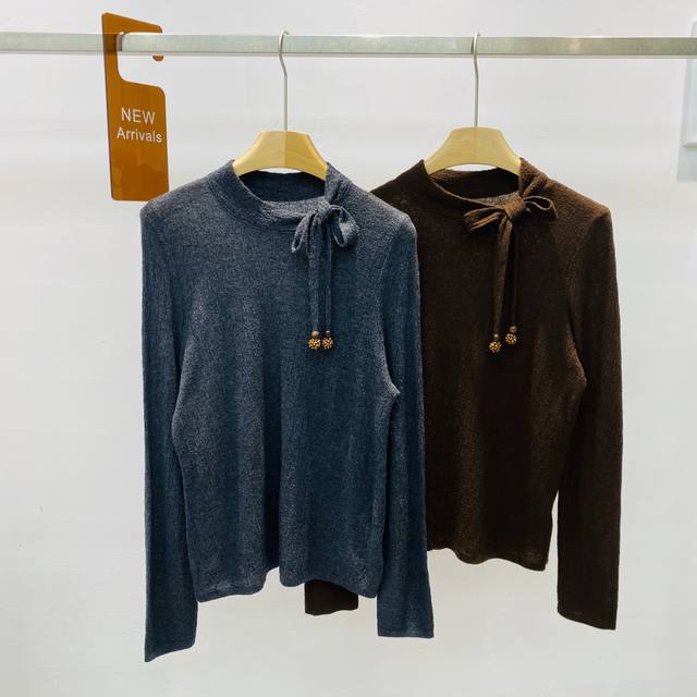 New Stand Collar Tie Bow Design Slim Fit Simple Versatile Long Sleeve Knit Wool