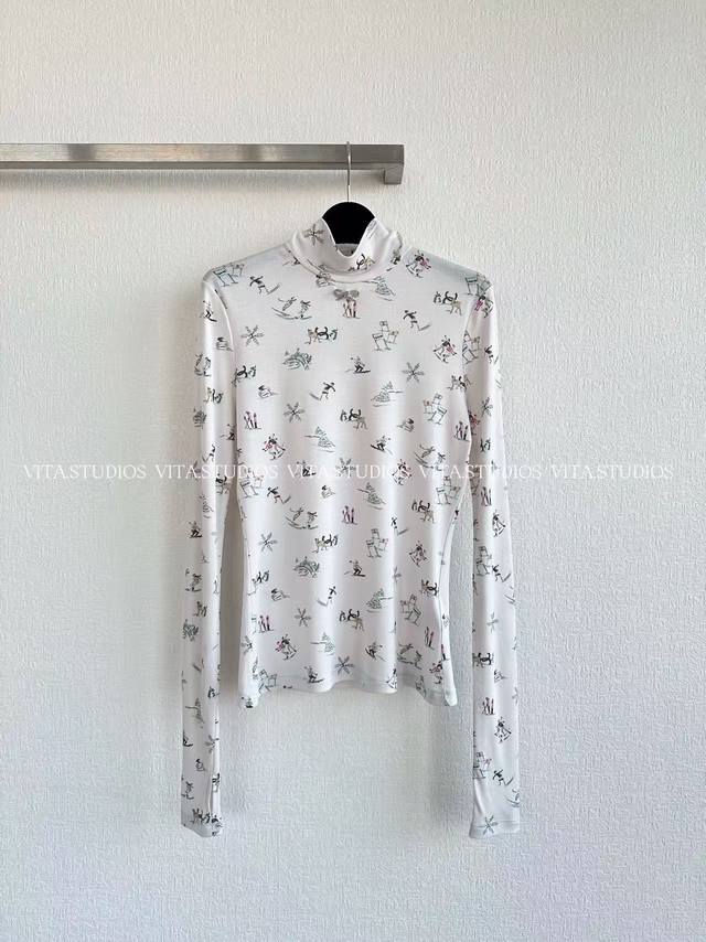 Hot Item Pre-order Ski Print High-Neck Long Sleeve Made of 100% Lyocell Fabric S