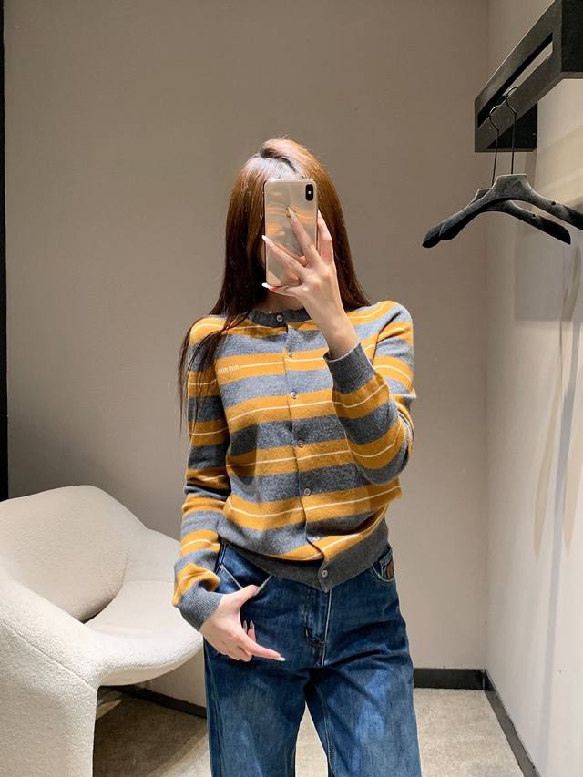 Miu25 Early Autumn New Color Block Striped Cashmere Knit Cardigan, Cashmere Blen