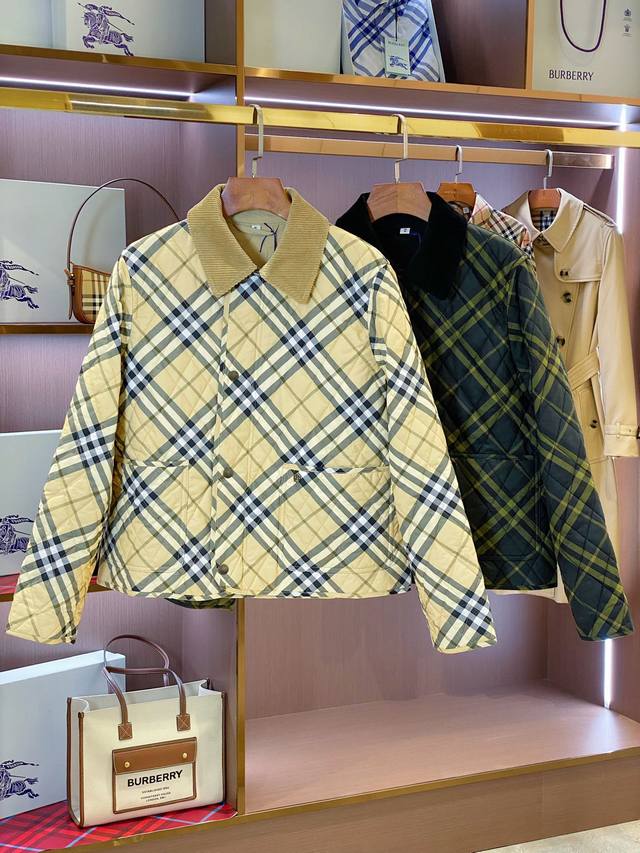 Bur Women's Corduroy Collar Plaid Quilted Cotton Jacket, Khaki and Green Burr To