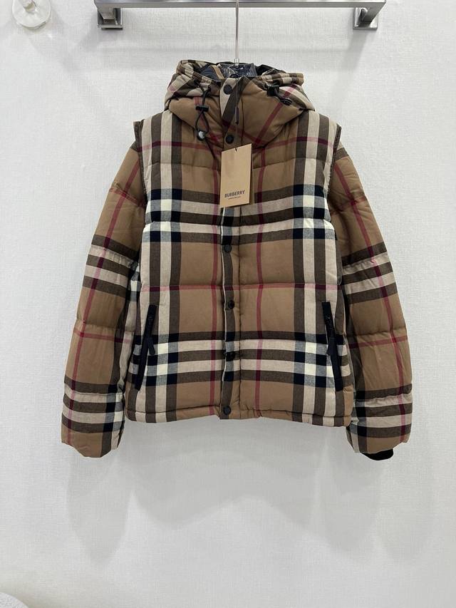 Burberry Fall/Winter New Check Hooded Down Jacket with Detachable Sleeves