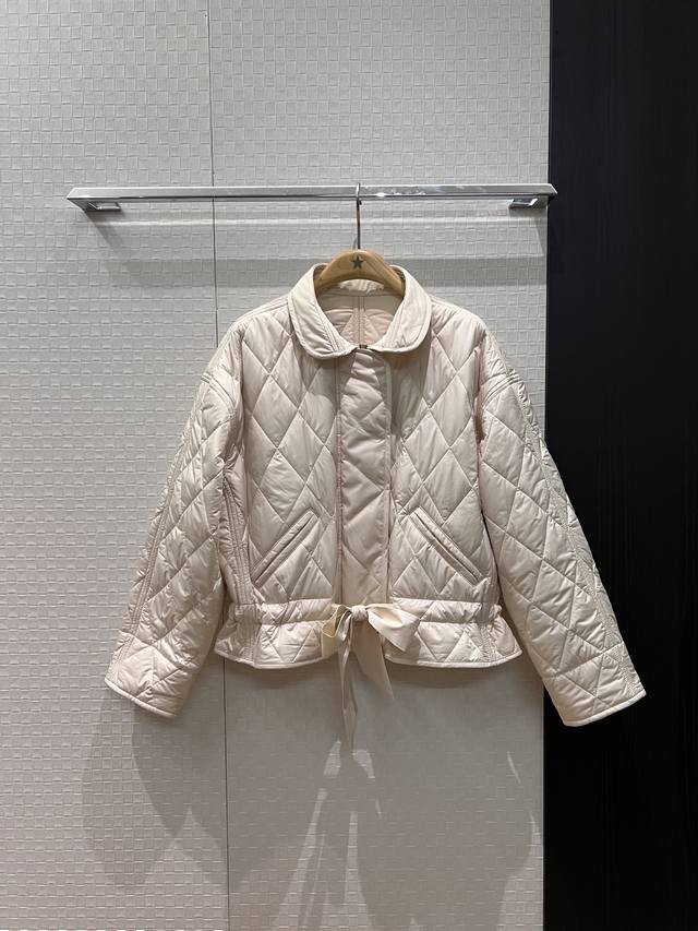 New Peter Pan Collar Diamond Pattern Cotton Coat, Waist Tie, Loose Short Casual