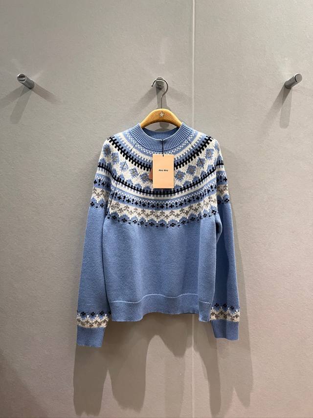 New Scottish Plaid Jacquard Crew Neck Knit Wool Cardigan, Baby Blue Fair Isle At