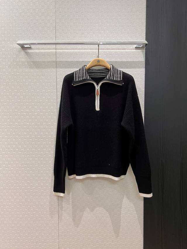 New Striped Lapel Knit Wool Top with Zipper High Neck, Preppy Style, Simple Colo