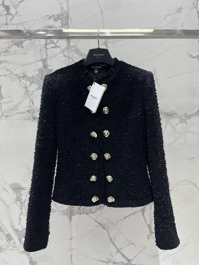 Balmain Black Double-Breasted Frayed Tweed Short Coat The tweed texture is thic