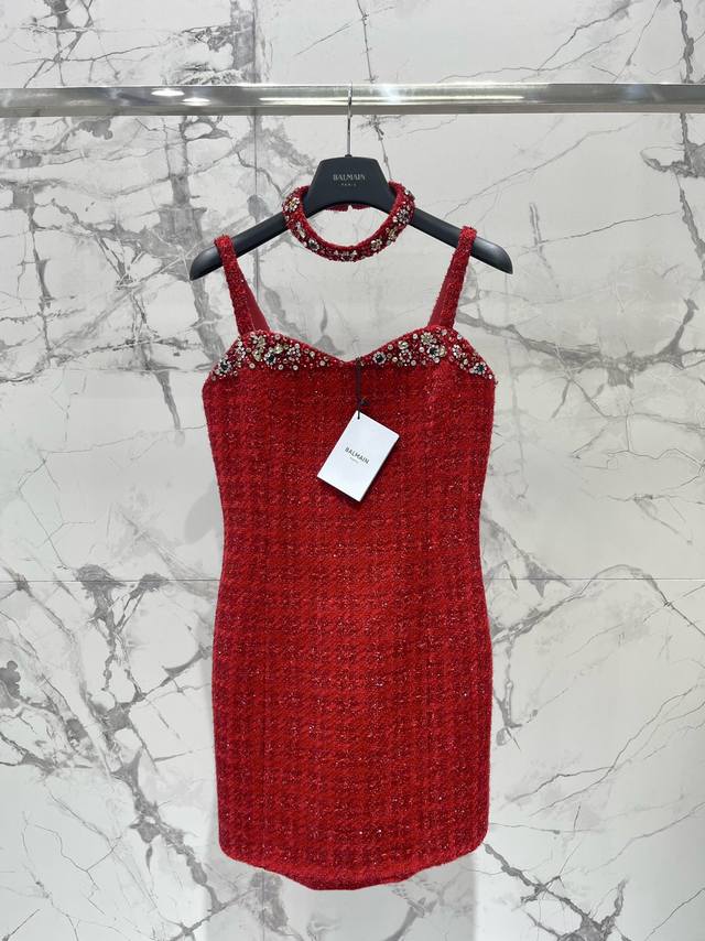 Balmain Autumn/Winter New Arrival, Rhinestone-Studded Chanel-Style Red Slip Dre