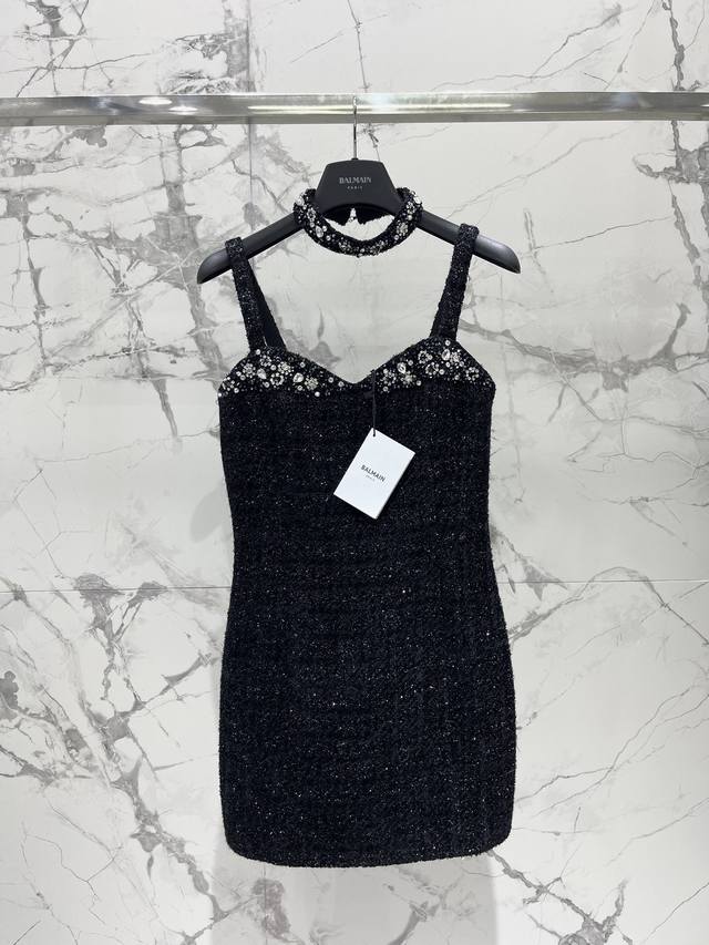 Balmain Autumn/Winter New Arrival, Rhinestone-Studded Black Strappy Dress The d