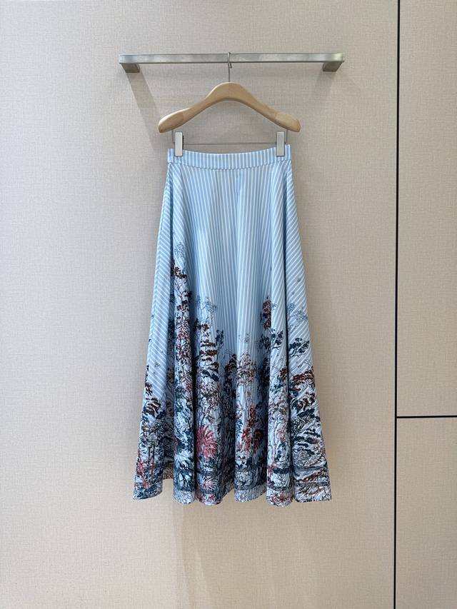 Benang Jarum New Arrival: Blue Striped High-Waisted Printed Midi Skirt with Pock