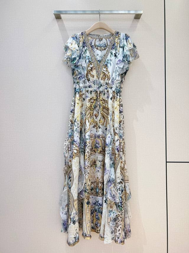 Camill*A Baroque Silk Print Dress French Tea Party Style ~ Classic Baroque Blue