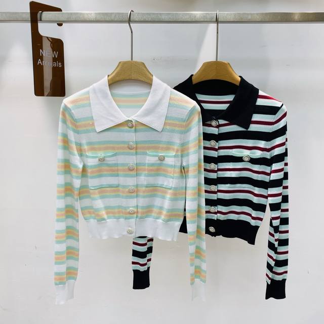 New Self-Portrai* Mixed Color Design Striped Collar Knit Cardigan Top Smlxl DDD