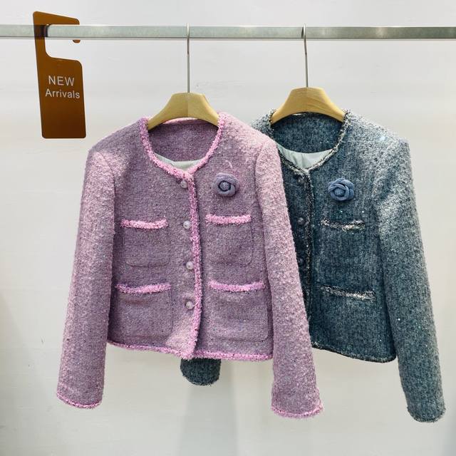 New French Chanel-style tweed trim design elegant and warm down jacket/coat top